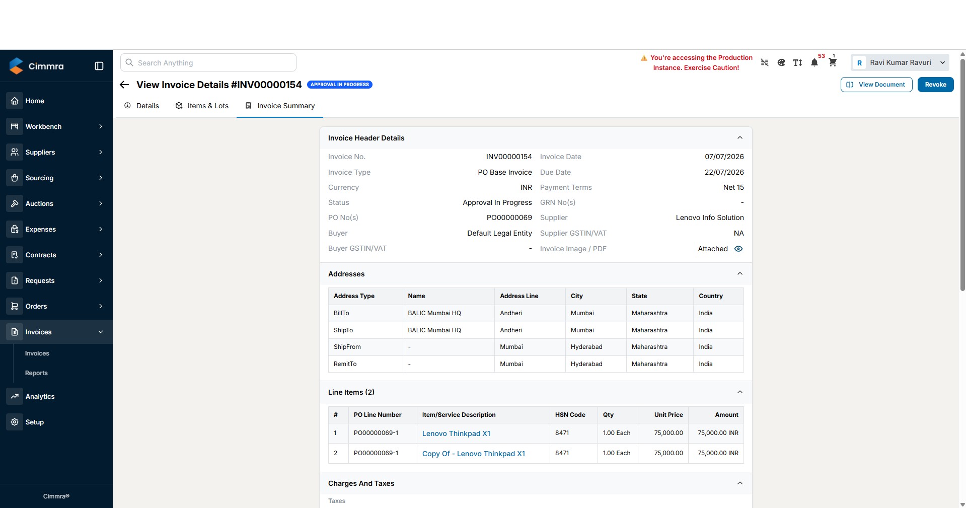 Cimmra invoice matching detail